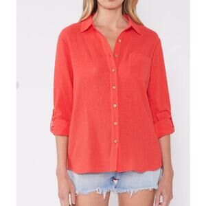 Lovestitch Breezy Basics Button Front Gauze Cotton Orange Coral Top Large NWOT